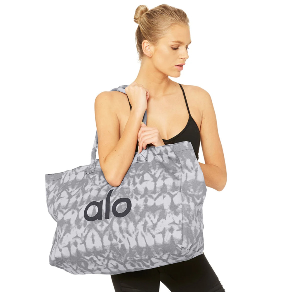Alo Yoga Large Tie Dye Canvas Tote Bag Gray White Logo Gym Beach Carryall - Picture 14 of 16